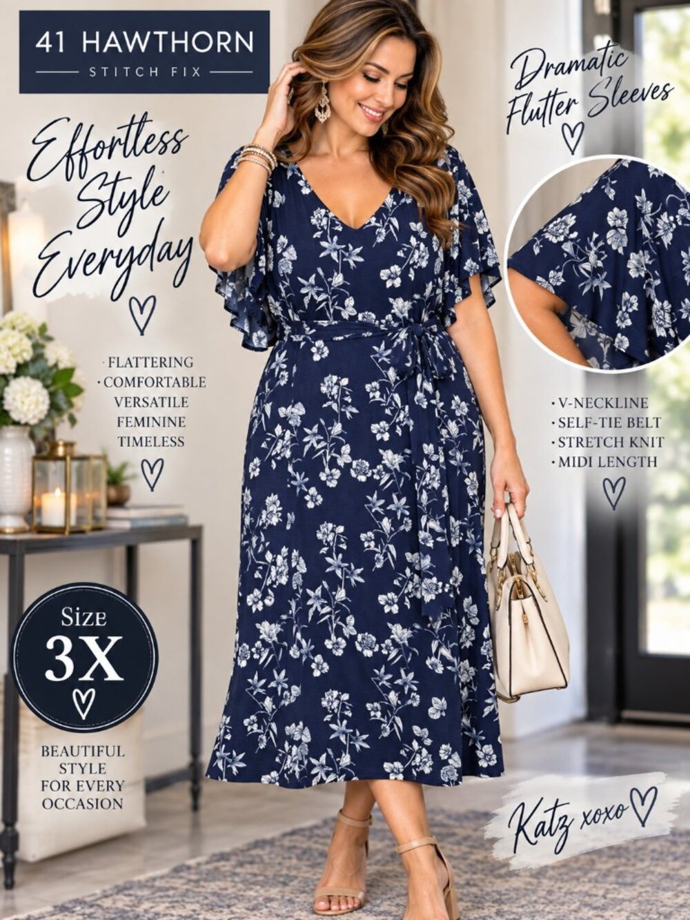 41 Hawthorn Floral Midi Dress 3X Navy Draped Flutter Sleeve Belted Stretch Boho